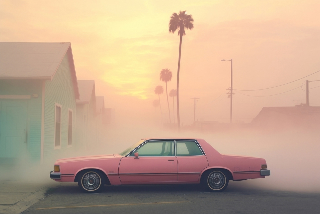Pink Car in Coastal Fog