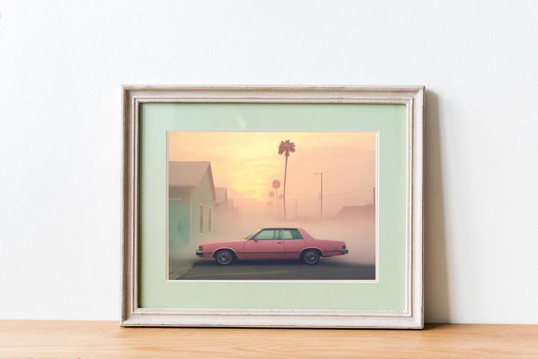 Pink Car in Coastal Fog