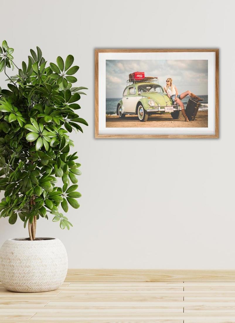 Woman with Vintage Beetle at the Beach