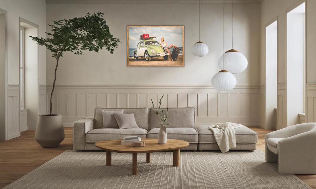 Woman with Vintage Beetle at the Beach