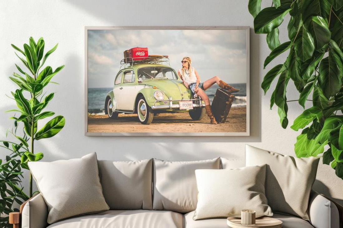 Woman with Vintage Beetle at the Beach
