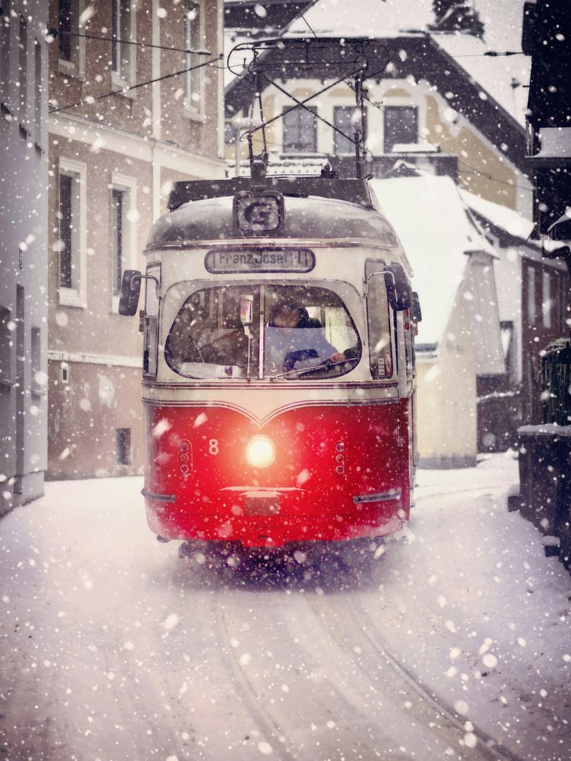 Red Tram in Snow