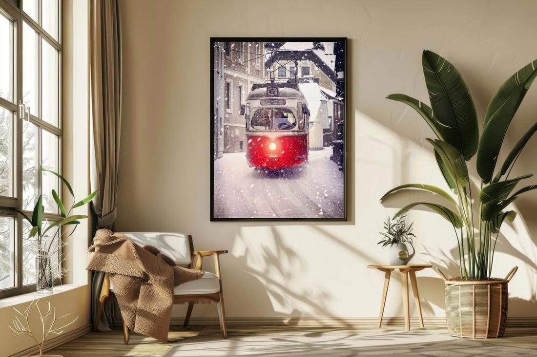Red Tram in Snow