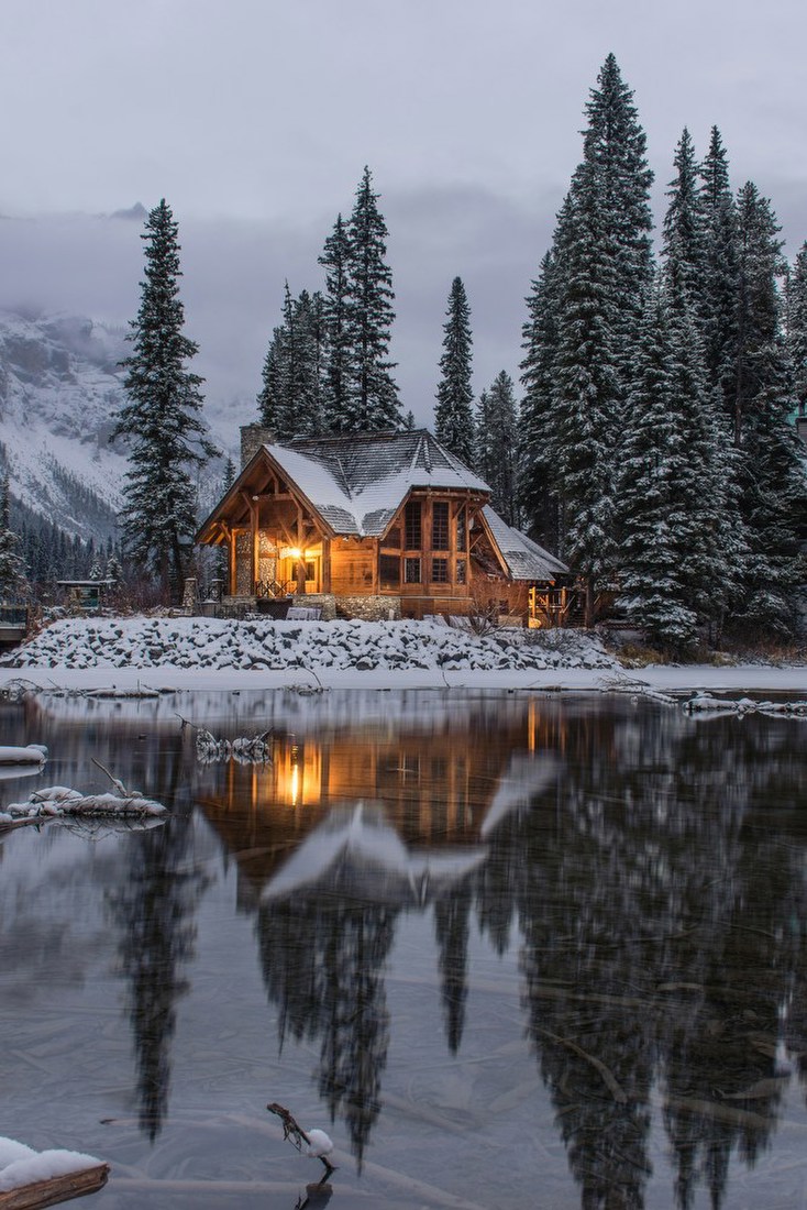 Snowy Lakeside Cabin