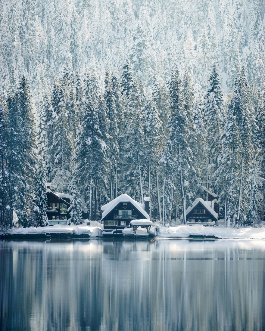 Snowy Lakeside Cabins