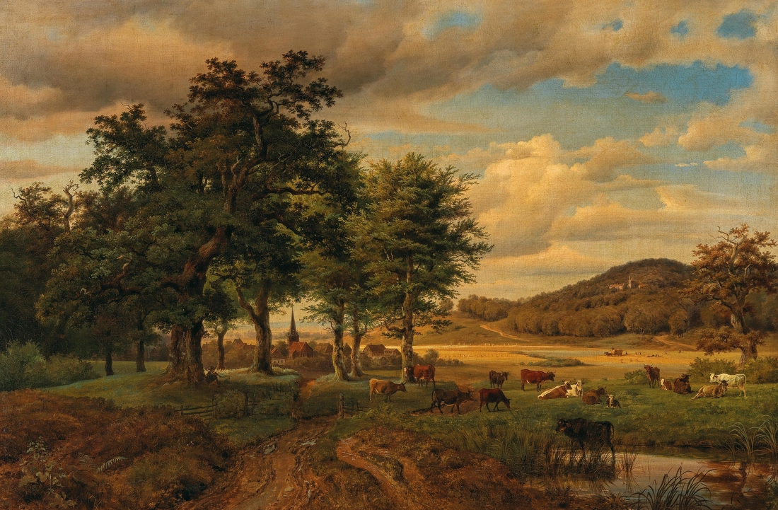 A Pasture Landscape with Cows, in the Background a Village – Georg Heinrich Crola