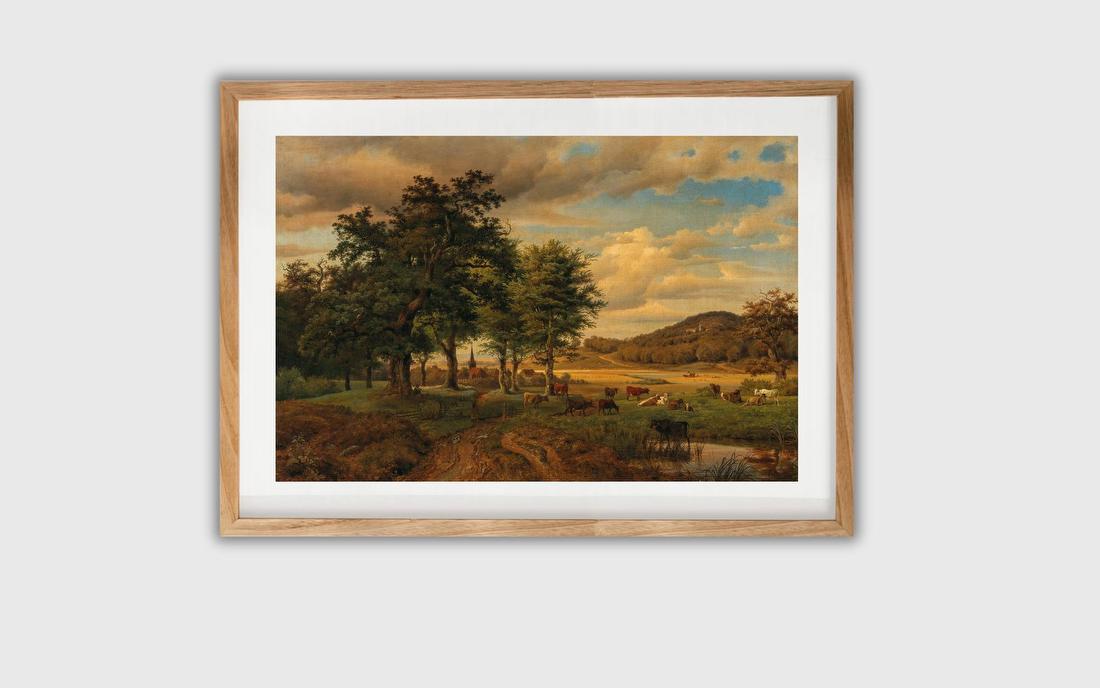 A Pasture Landscape with Cows, in the Background a Village – Georg Heinrich Crola