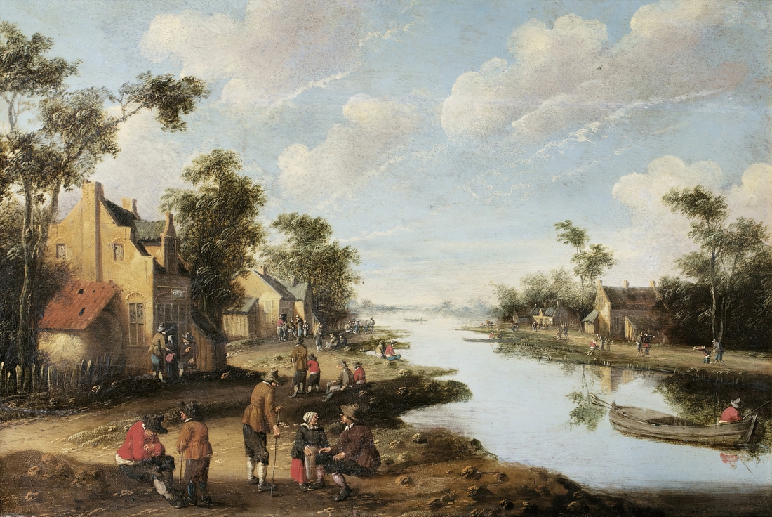 A River Landscape with Figures Resting Near an Inn – Cornelis Droochsloot