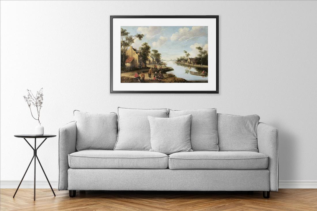 A River Landscape with Figures Resting Near an Inn – Cornelis Droochsloot
