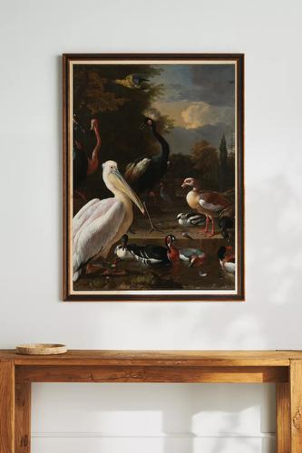 A Pelican and Other Birds Near a Pool