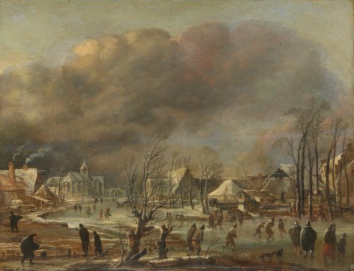 Village on a Frozen Canal in a Snowstorm
