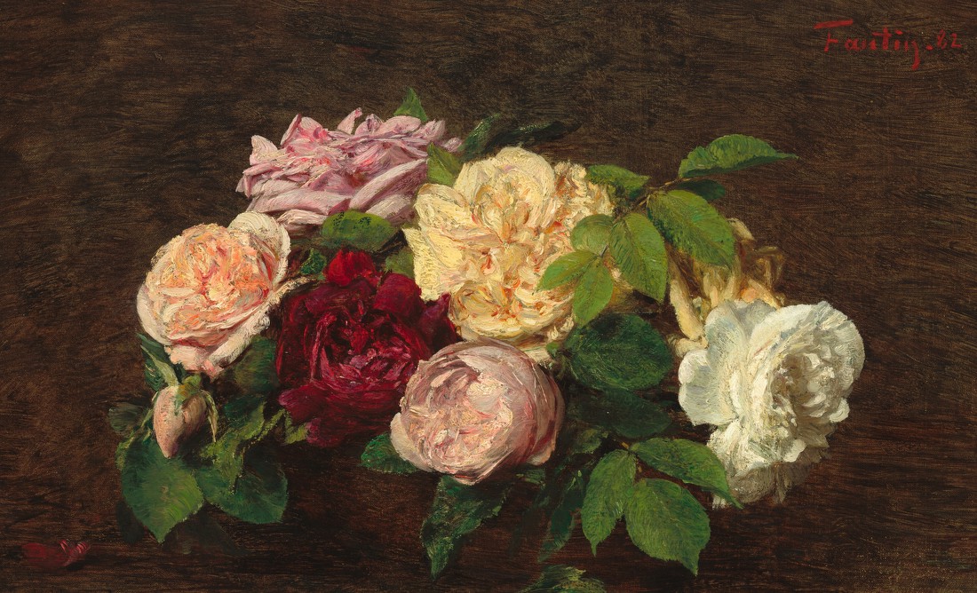 Roses in a Basket on a Table – Henri Fantin-Latour