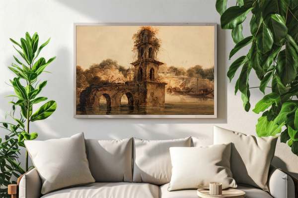 Indian River Scene With Ruined Temple