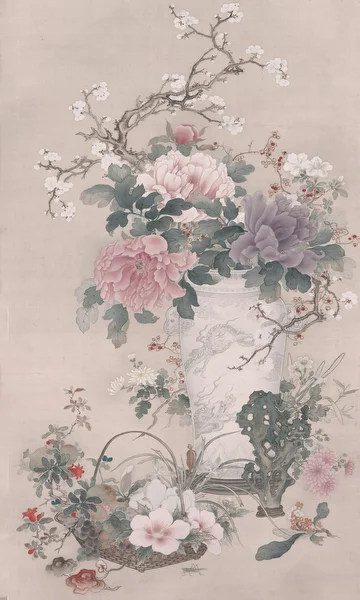 Vase of Flowers with Grasshopper, Marine Life, and Garden Rock